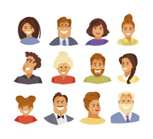 Grafisk illustrasjon av tolv ulike avatarer